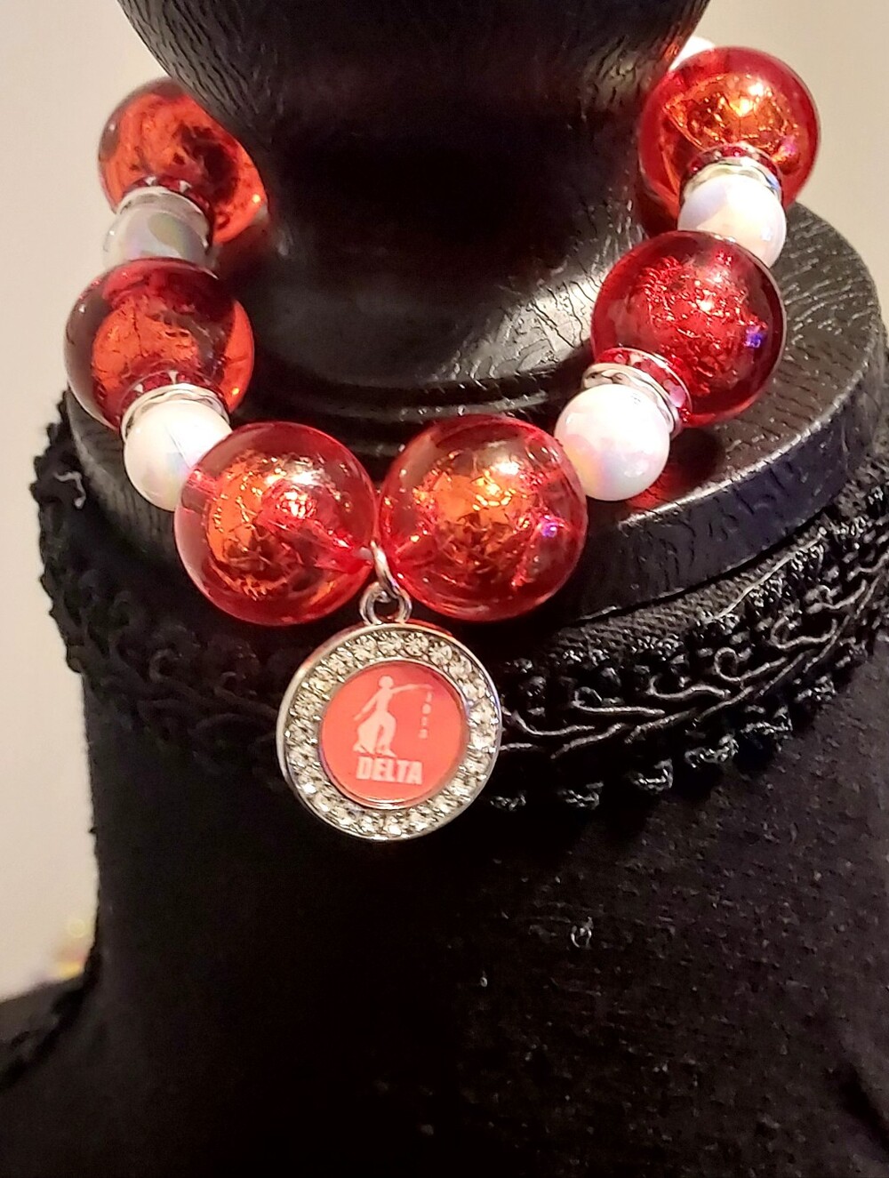 Handmade Delta Red and White Beaded Bracelet with Crystal Charm